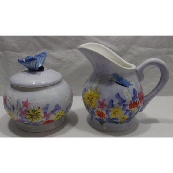 Dining Style Sugar w/ Lid & Creamer Flowers Florals Butterfly 4" - Picture 1 of 10